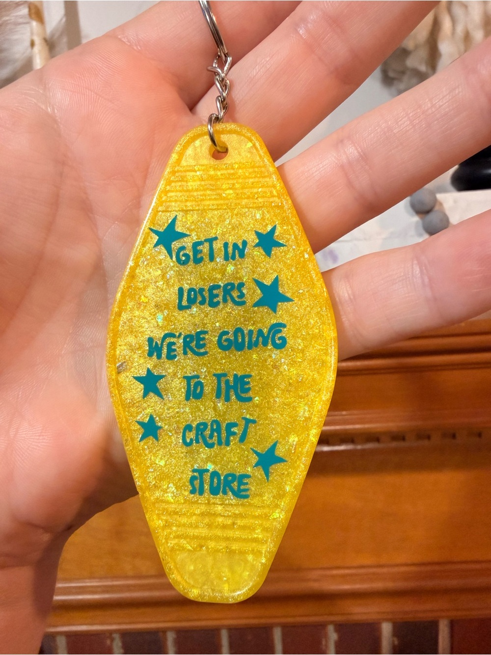 Yellow Glitter Keychain Tag with Teal Text